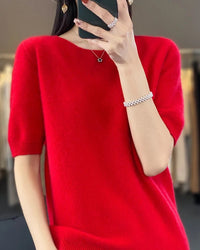 Wool Crew Neck Short-Sleeved Knit Sweater