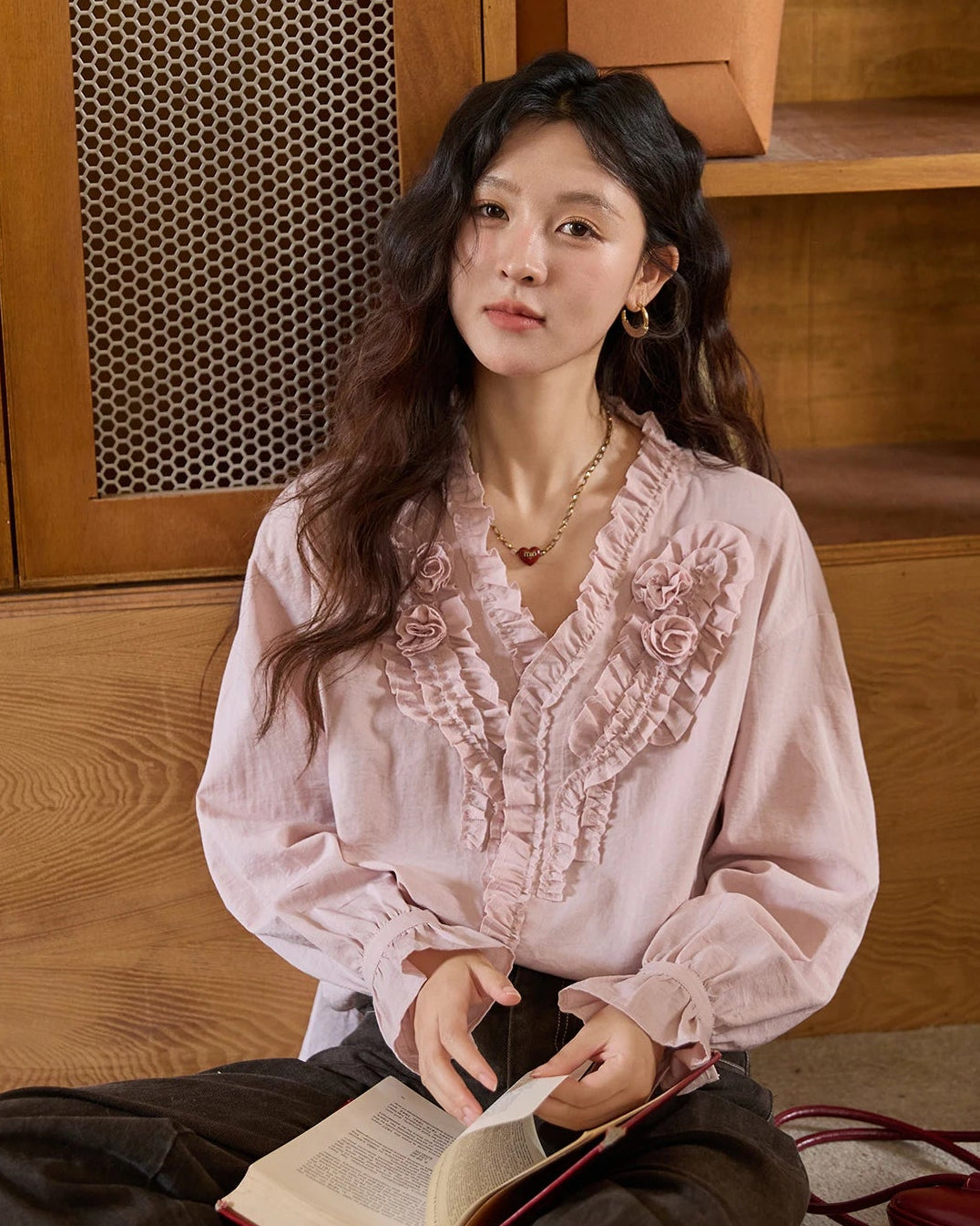 Hand-Sewn Rose Lantern-Sleeve Shirt