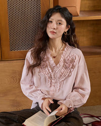 Hand-Sewn Rose Lantern-Sleeve Shirt