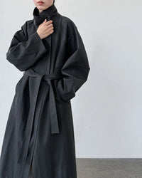 Minimalist Stand-Collar Belted Trench Coat
