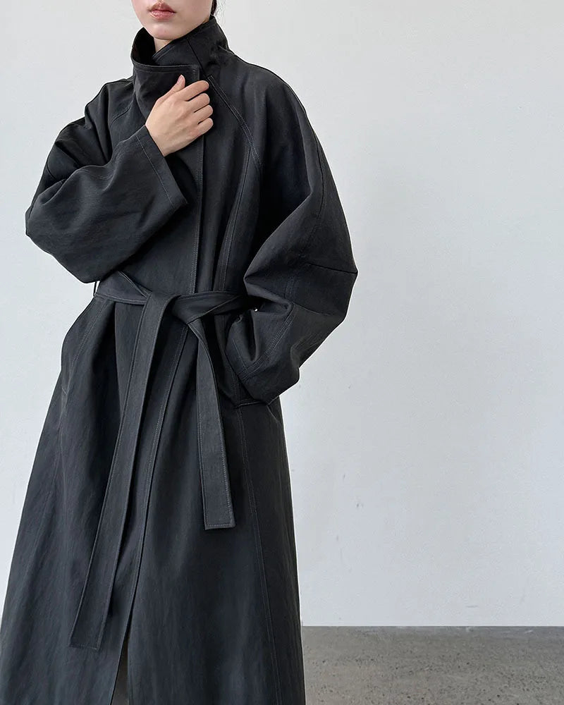 Minimalist Stand-Collar Belted Trench Coat