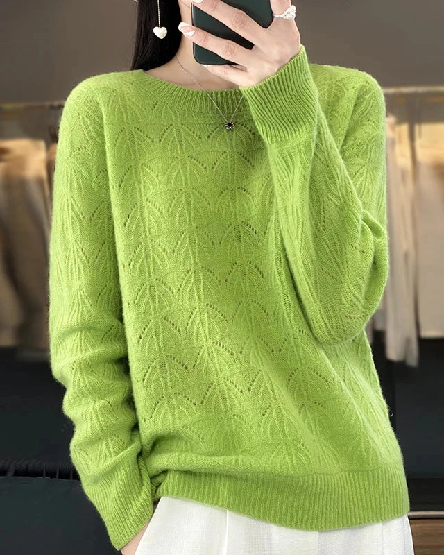 Openwork Wool Crewneck Sweater