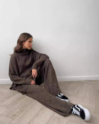 Turtleneck Slit Knit Top & Ankle Trouser Set