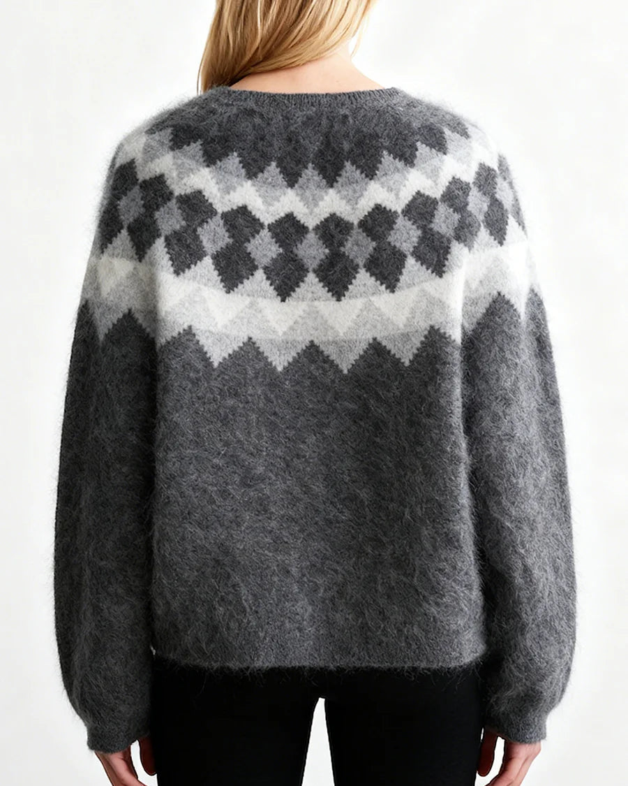Wool Striped Geometric Jacquard Round Neck Knit Pullover