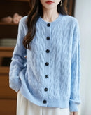 Wool O-Neck Twisted Single-Breasted Cardigan Sweater