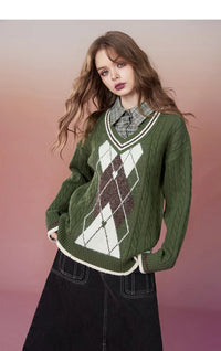 Retro Rhombus Spliced Pullover Sweaters