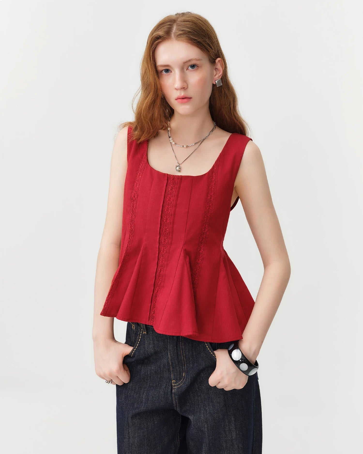 Women's Square-neck sleeveless knit blouse crafted from breathable cotton-viscose blend, featuring a relaxed loose fit and effortless summer elegance for warm tropical days.
