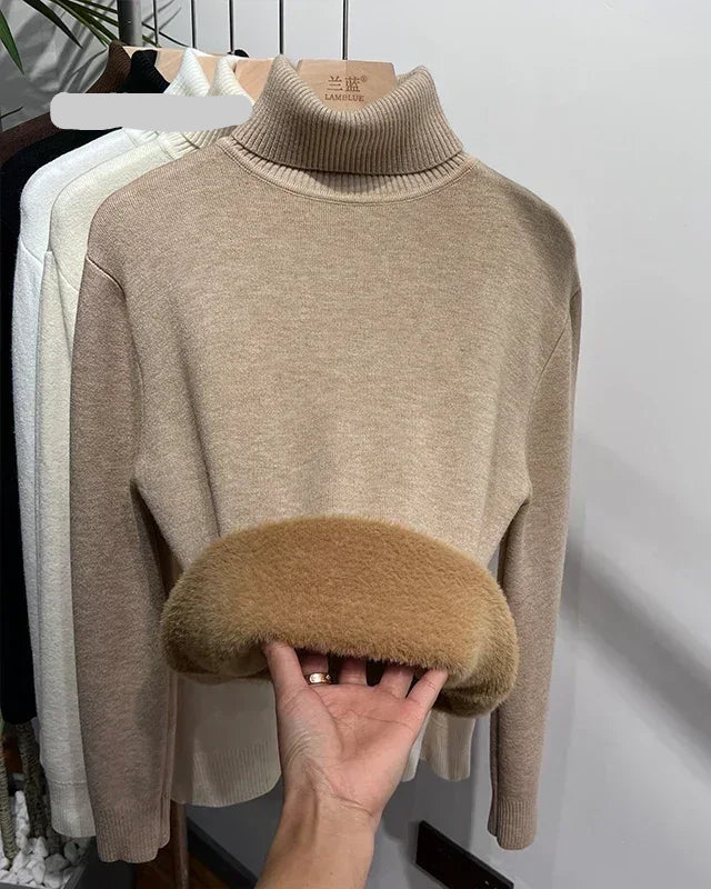Thick Velvet-Lined Turtleneck Pullover