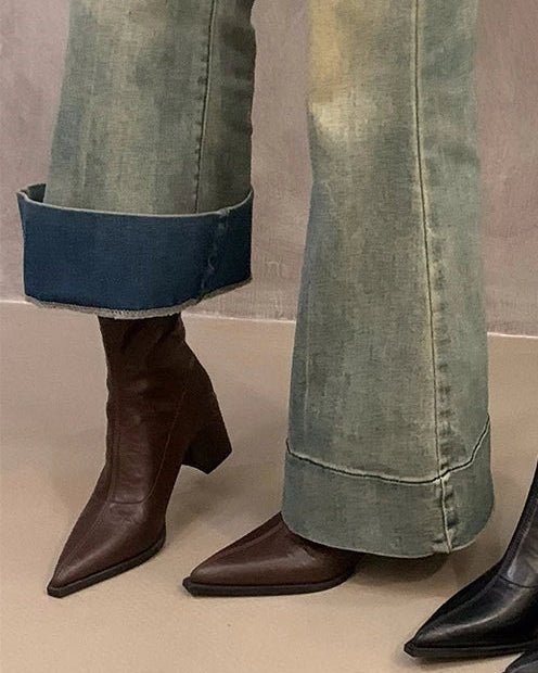 Retro-Style Pointed-Toe High-Heeled Ankle Boots