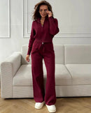 Zip-Up Cropped Knit Cardigan & Drawstring Wide-Leg Trousers Set