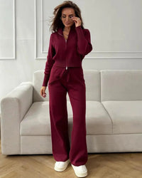 Zip-Up Cropped Knit Cardigan & Drawstring Wide-Leg Trousers Set