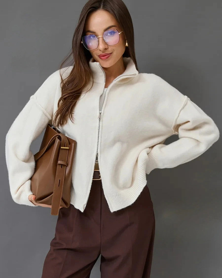 Oversized Knit Zip Cardigan Stand Collar