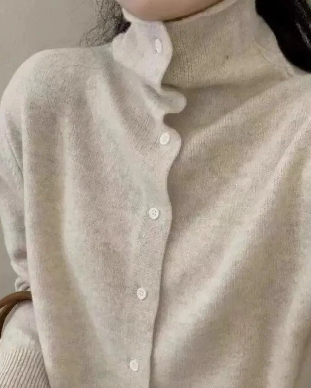 French-Style High-Neck Cashmere Knitted Cardigan
