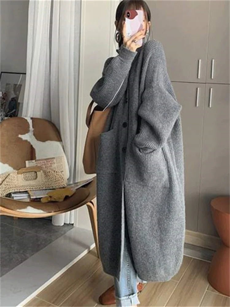 Oversized High-Neck Long Cardigan With Pocket