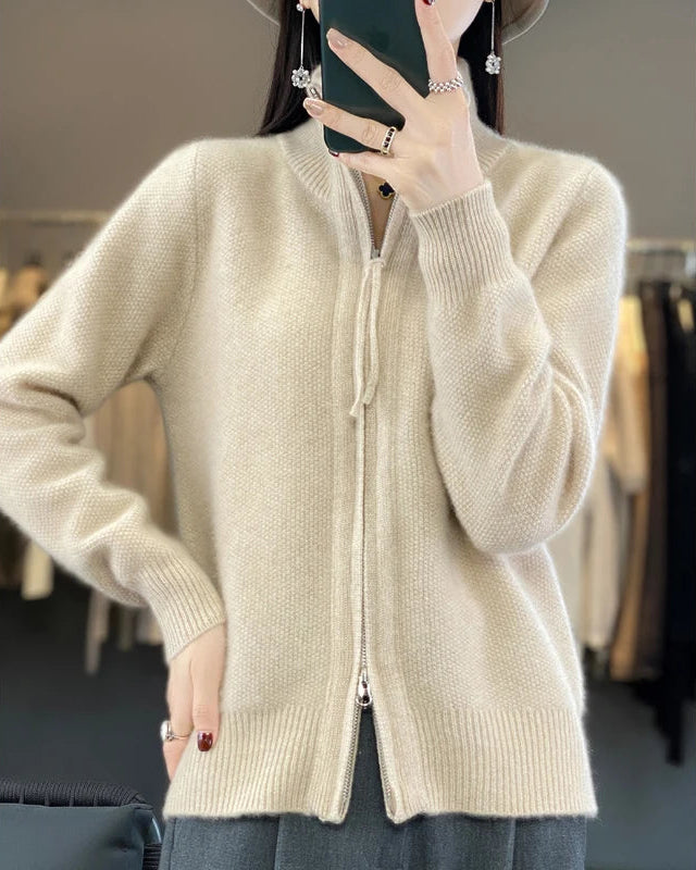 Merino Wool Blend Double Zip Tassel Open Cardigan