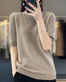 Wool Crew Neck Short-Sleeved Knit Sweater