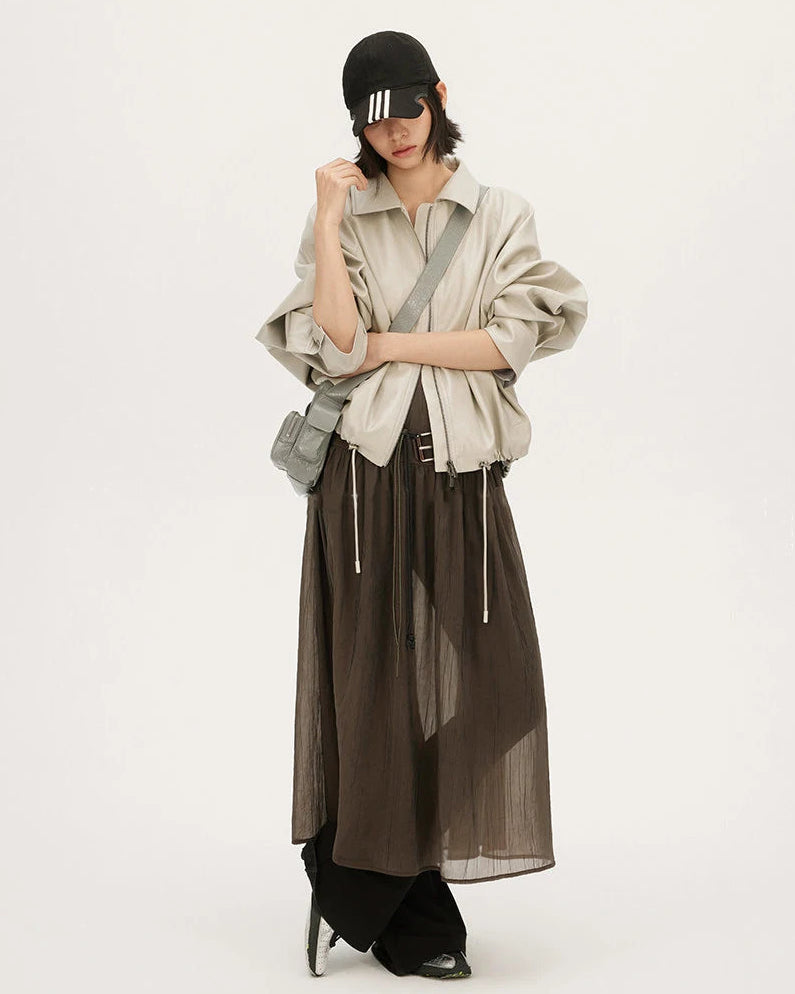 Loose-Fit Zip-Up PU Leather Short Jacket