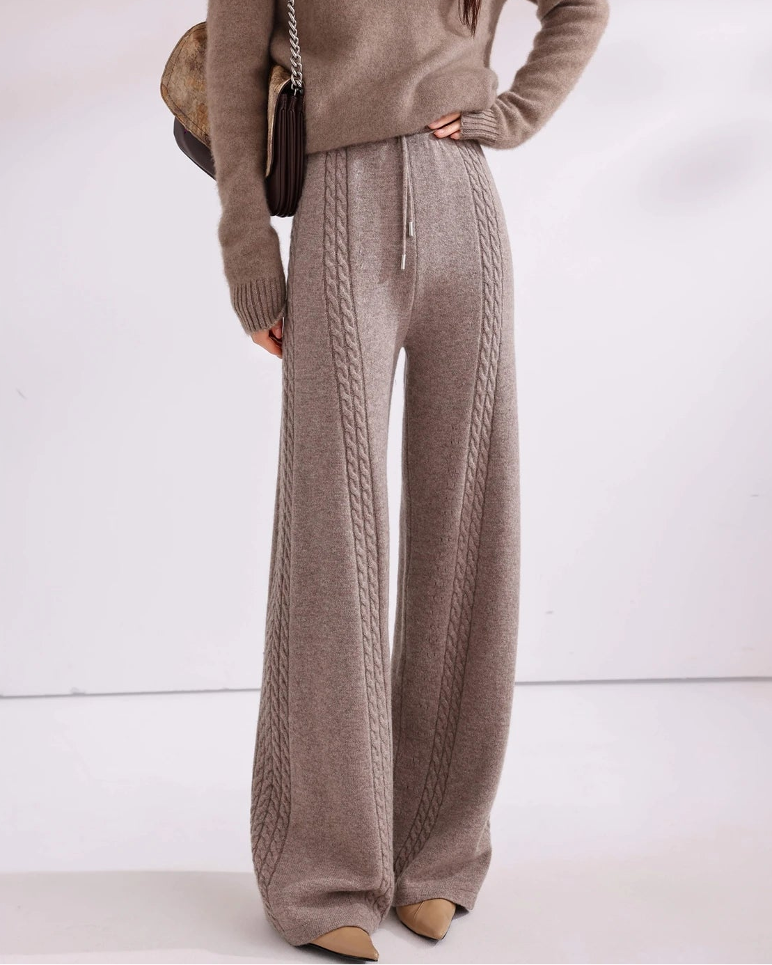 Cable-Knit Wool Wide-Leg Pants