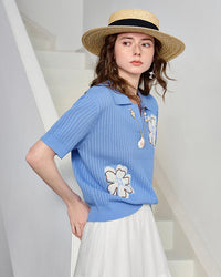 Hollow Floral Knit V-Neck Short-Sleeve Top