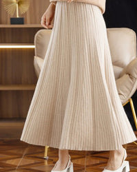 Elegant Pleated Wool A-Line Long Skirt