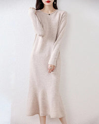 Wool Round-Neck Rolled-Hem Mermaid Long Dress