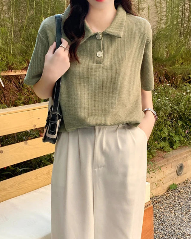 Casual Loose Waffle Knit Polo Top
