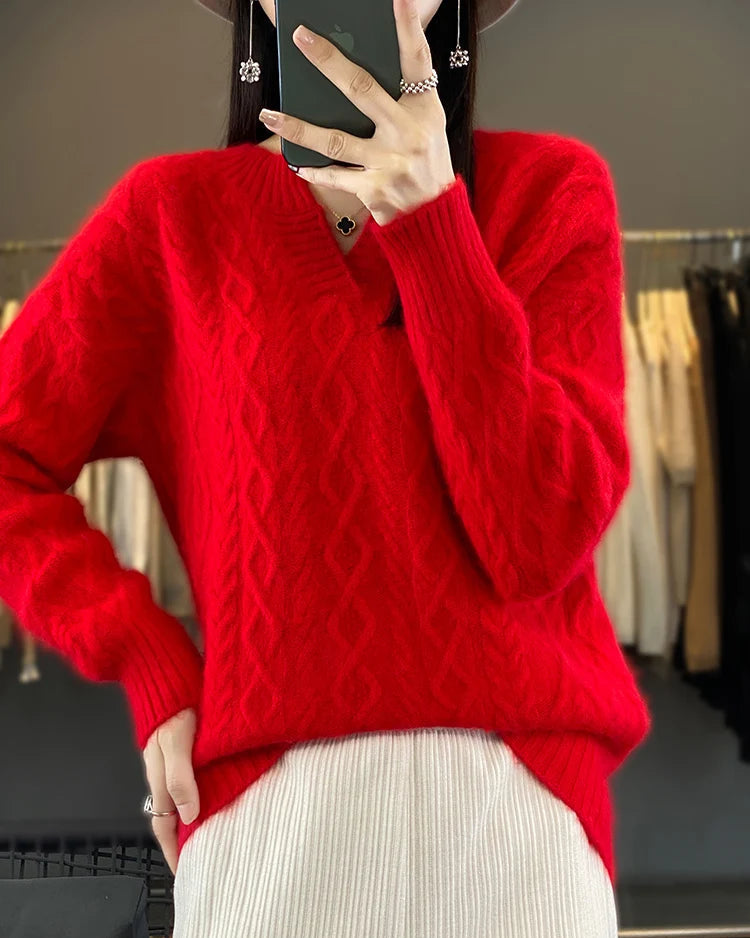 Mink Cashmere Argyle V-Neck Cable Knit Pullover