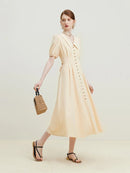 Solid Pleated Polo Neck Puff Sleeve Dress