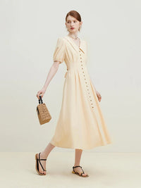 Solid Pleated Polo Neck Puff Sleeve Dress