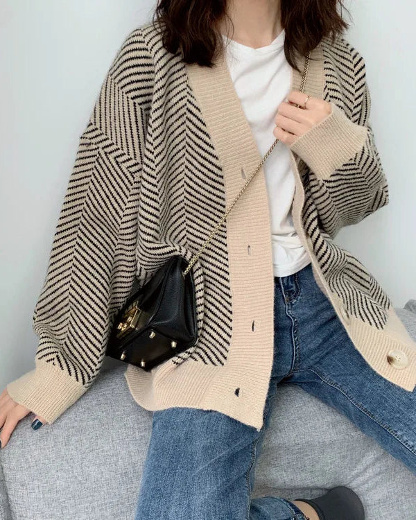 Oversized V-Neck Striped Cardigan