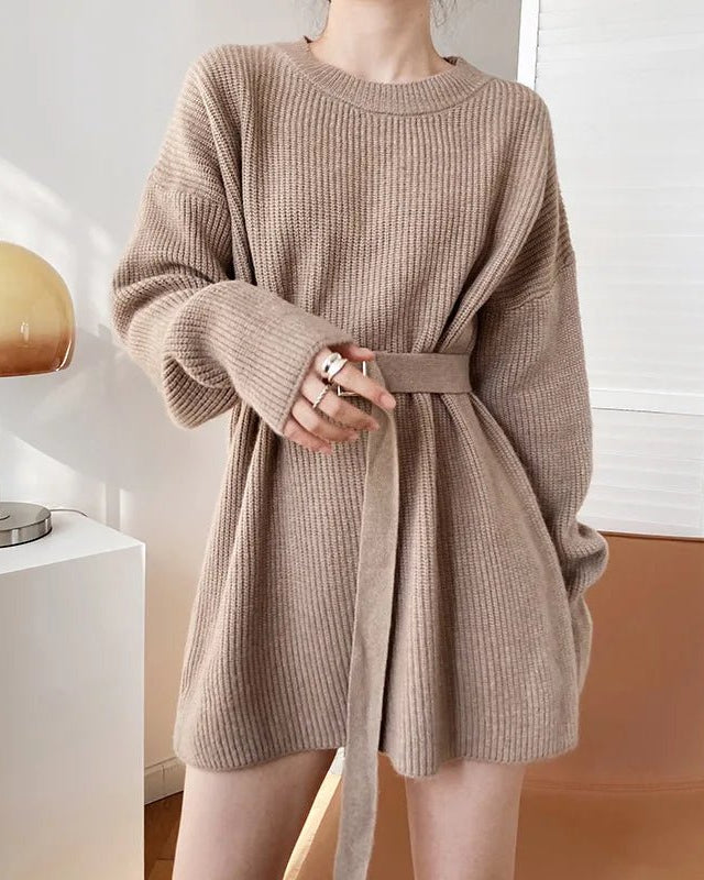 Vintage Round-neck Belted Knitted Dress