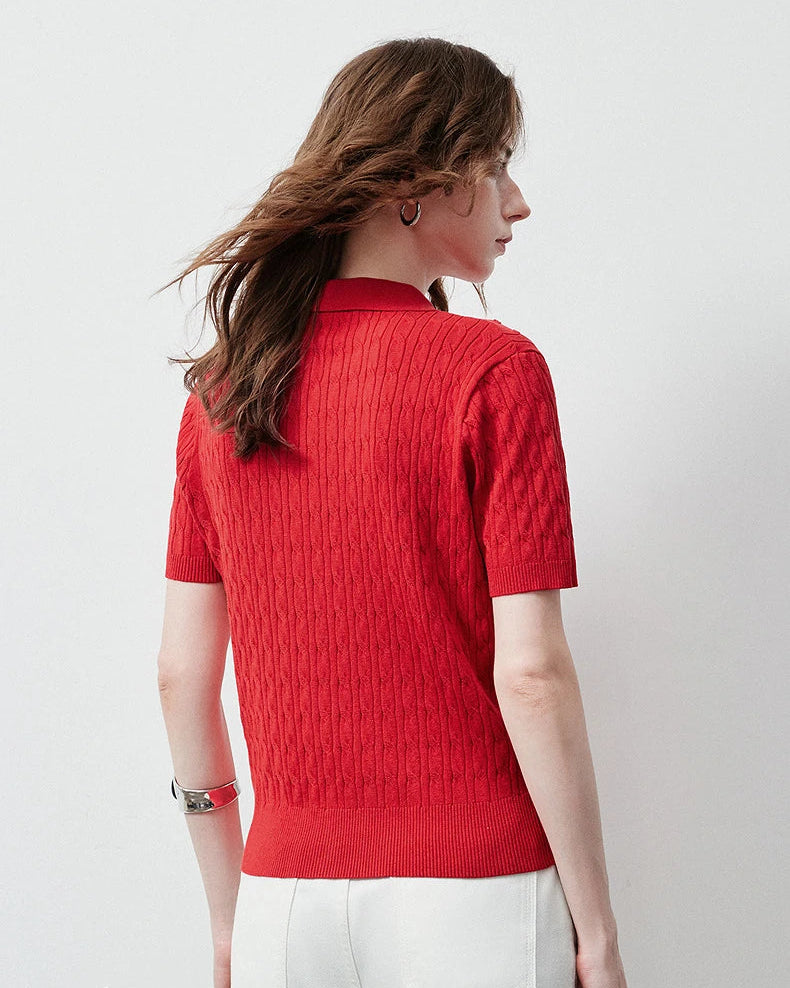 Ice Silk Cable Knit Polo Top
