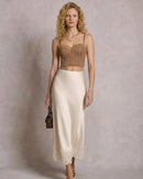 Satin Lace Trim A-Line Maxi Skirt