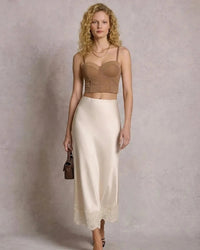 Satin Lace Trim A-Line Maxi Skirt
