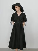 V-Neck Bubble Sleeve Linen Dress