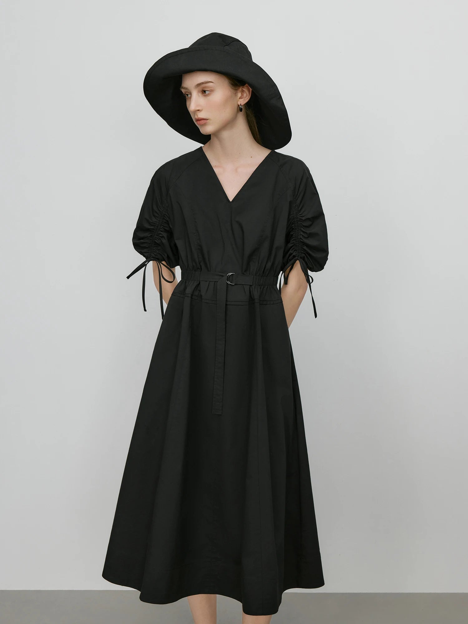 V-Neck Bubble Sleeve Linen Dress