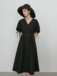 V-Neck Bubble Sleeve Linen Dress
