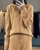 Wool Blend Hooded Zip Cardigan & Wide-Leg Pants Set