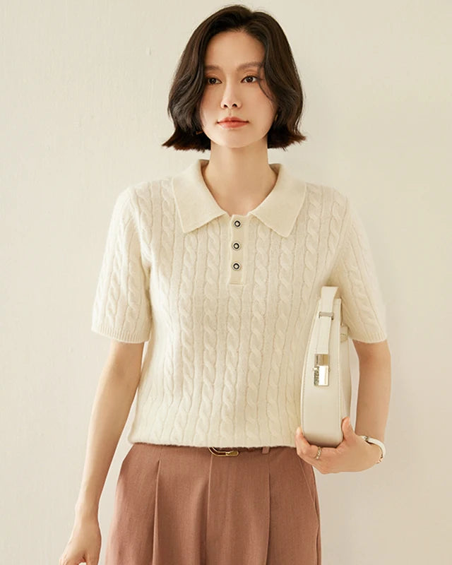 women's cashmere cable knit short sleeve top — luxuriously soft, lightweight knitwear designed for spring-summer dressing.