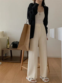 Drawstring Ribbed Knitted Wide Leg Sweatpants