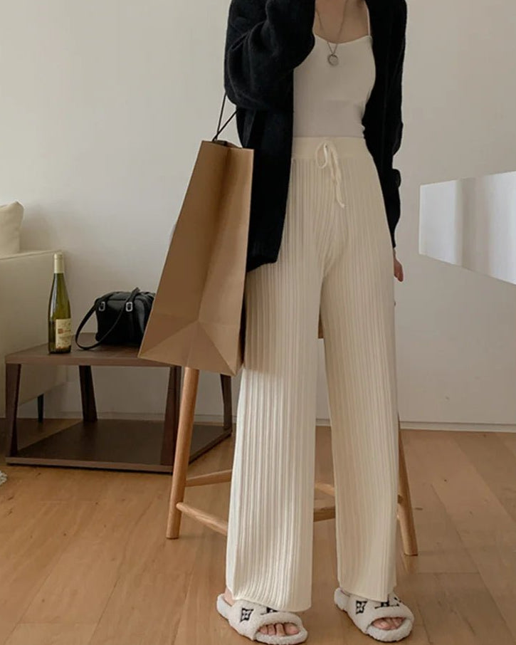 Drawstring Ribbed Knitted Wide Leg Sweatpants