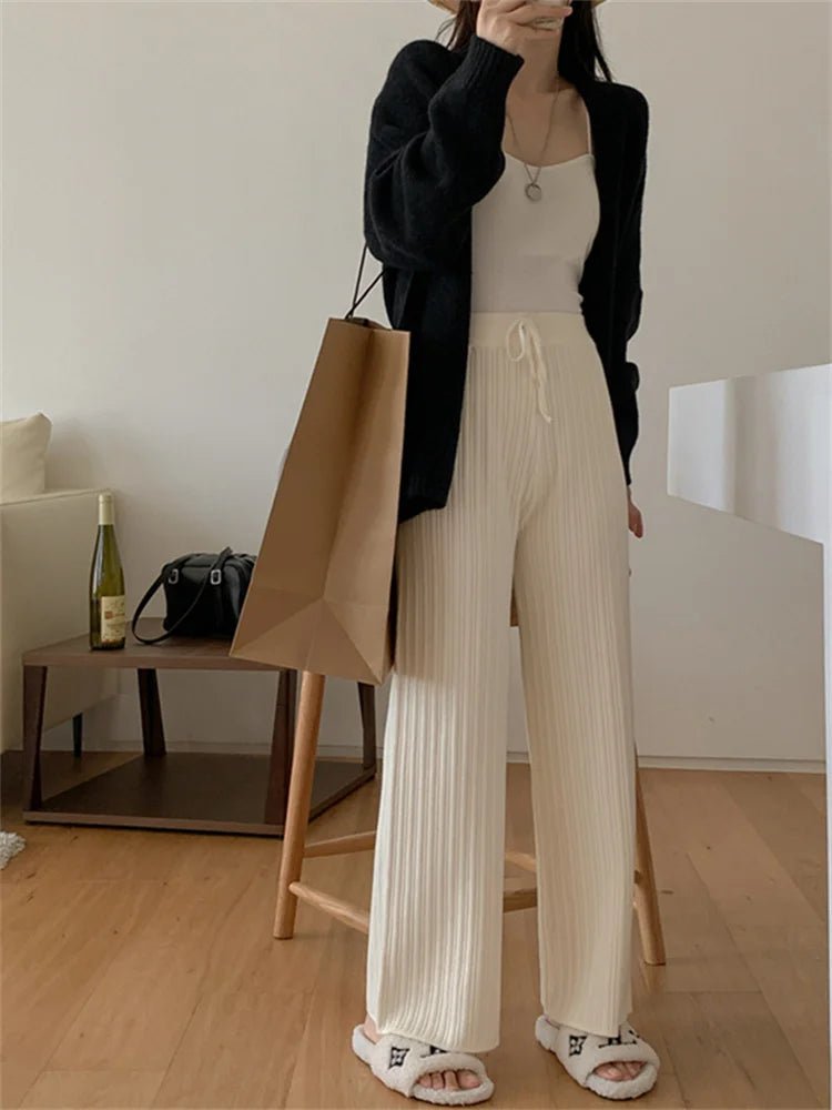 Drawstring Ribbed Knitted Wide Leg Sweatpants