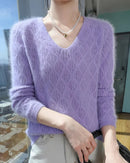 Openwork Mink Cashmere V-Neck Sweater