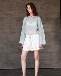 Ramie Crew Neck Long Sleeve Drawstring T-Shirt