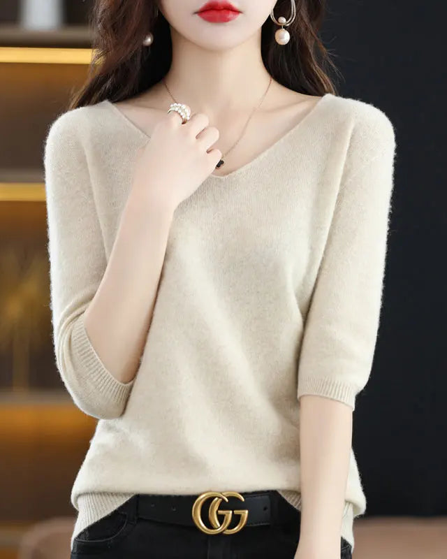 Merino Wool V-Neck Short Sleeve Pullover