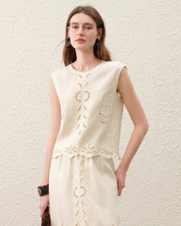 Women's Linen cut-out embroidered sleeveless top crafted from 100% breathable linen, featuring delicate artisan details and an O-neck silhouette for poised ease from beach lounging to resort dining.