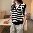 Vintage Striped V-Neck Pure Wool Knitted Waistcoat
