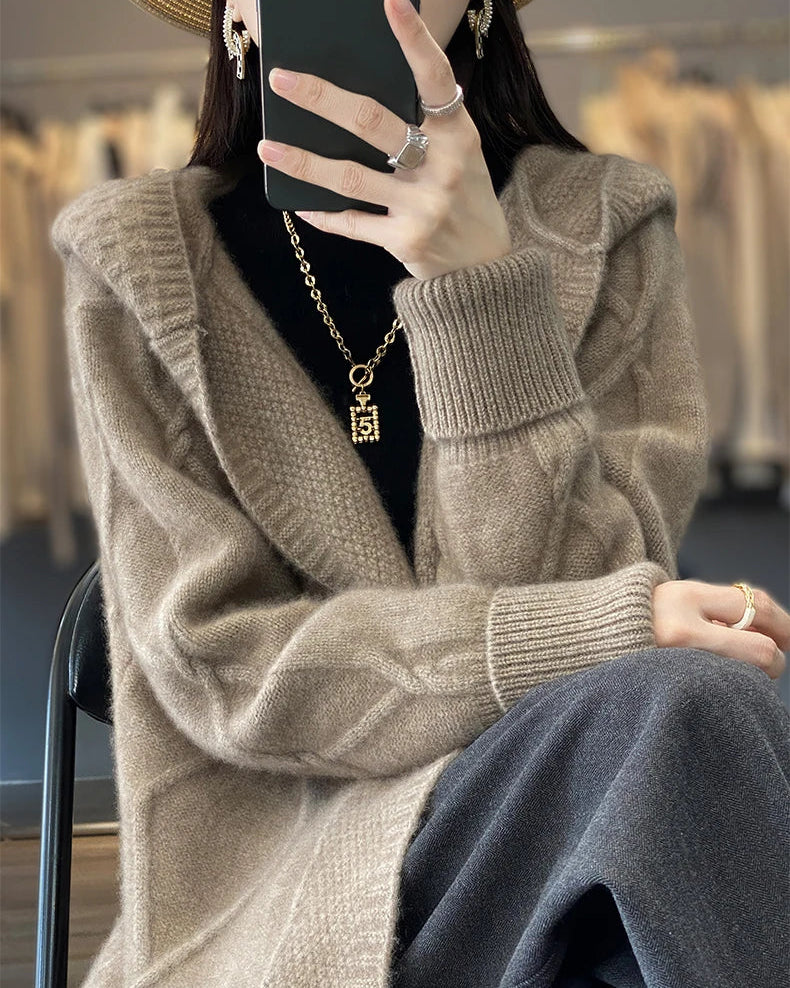 Long Wool Twisted Knit Cardigan Sweater