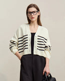 Dropped-Shoulder V-Neck Striped Cardigan Sweater