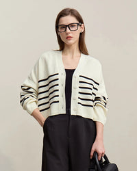 Dropped-Shoulder V-Neck Striped Cardigan Sweater